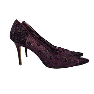 Lord & Taylor Shoes Womens Size 10 M Maroon Purple Shiny Mesh Floral Embroidery